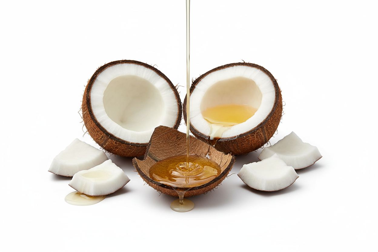 aceite de coco, natural, sin envases, fondo totalmente blanco