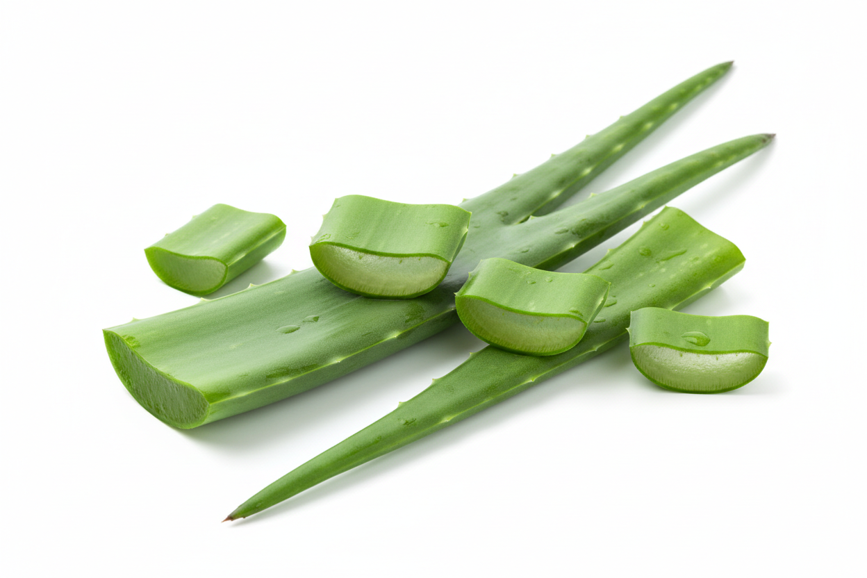 aloe vera ingrediente natural, sin macetas, fotografiado fondo blanco