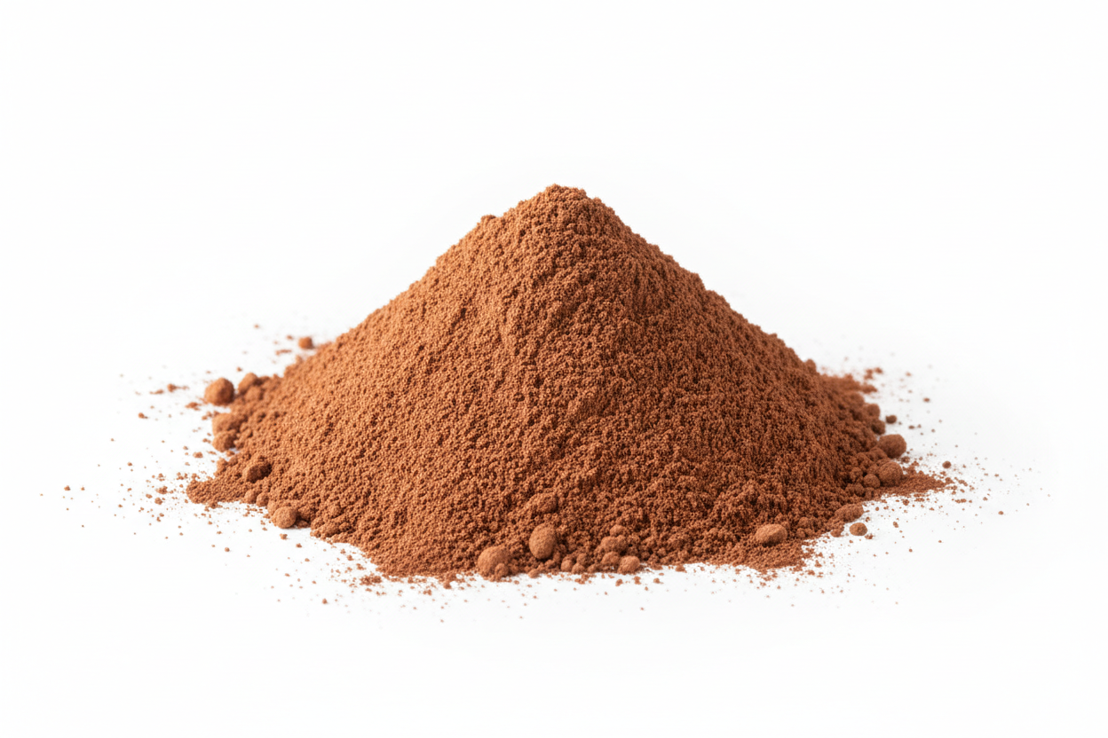 extracto de cacao en polvo, sin envases, fondo totalmente blanco